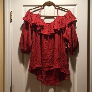 Orange cold shoulder high low ruffle top size L